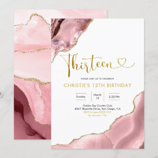 Rosa Blush und Gold Agate Dreizehn Geburtstag Invi Einladung