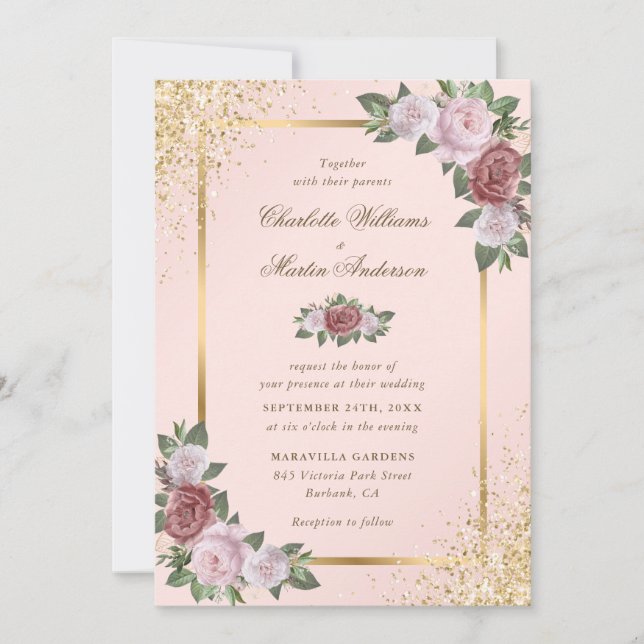 Rosa Blush und Gold Confetti Blumenzehen Einladung (Vorderseite)