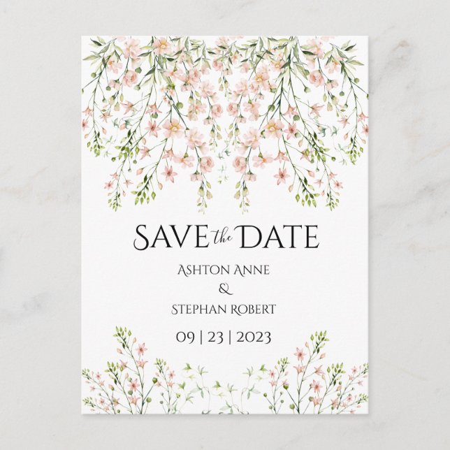 Rosa Blush Wildblumen Elegante Blumenhochzeit Gere Ankündigungspostkarte (Vorderseite)