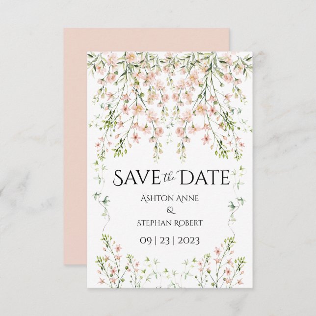 Rosa Blush Wildblumen Elegante Blumenhochzeit Save The Date (Vorne/Hinten)