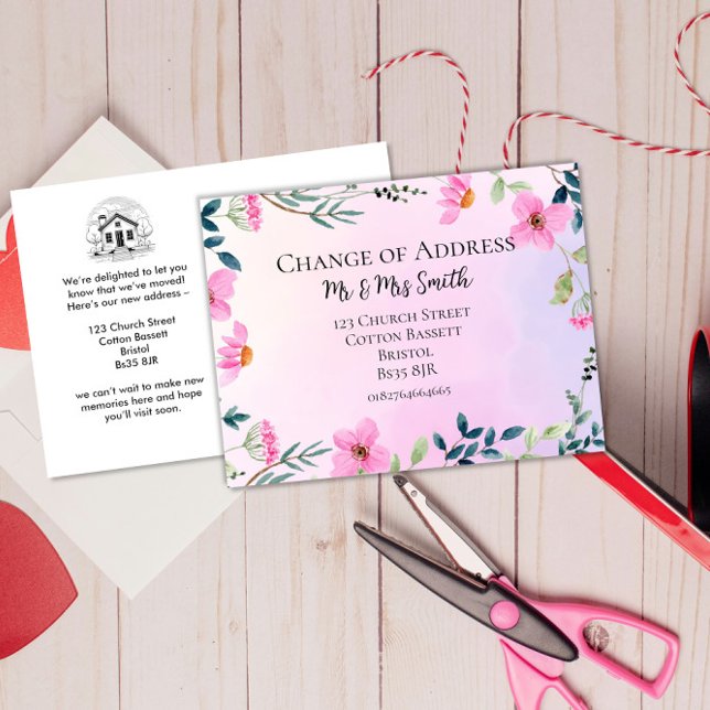 Rosa Blüte Änderung der Adresse elegante neue Zuha Ankündigungspostkarte (Von Creator hochgeladen)