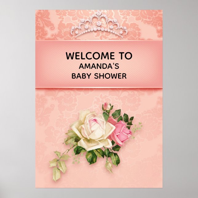 Rosa Blüte & Diamond Tiara Princess Baby Dusche Poster (Vorne)