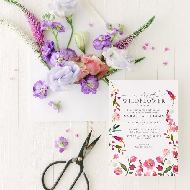 Rosa Blüte Eine kleine Wildblume Wasserfarbendusch Einladung (Easily personalize this beautiful little wildflower invitation with your personal details)
