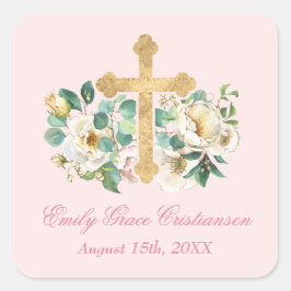 Rosa Blüte mit Goldkreuz Quadratischer Aufkleber