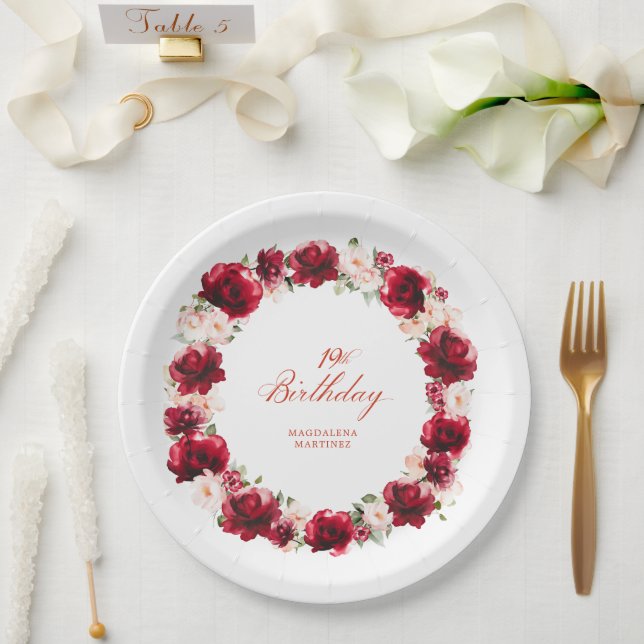 Rosa Blüte Personalisiert 19. Geburtstagsparty Pappteller (Hochzeit)