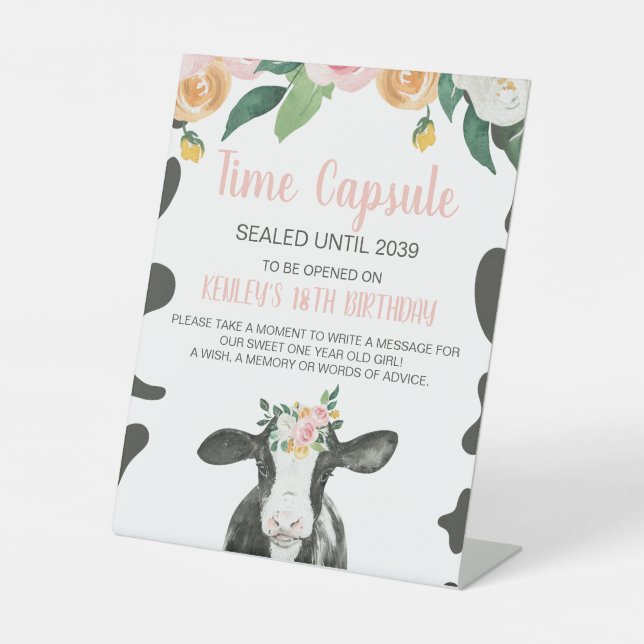 Rosa Blüte Rosa Kapsel 1. Geburtstag Sockelschild (Vorderseite)