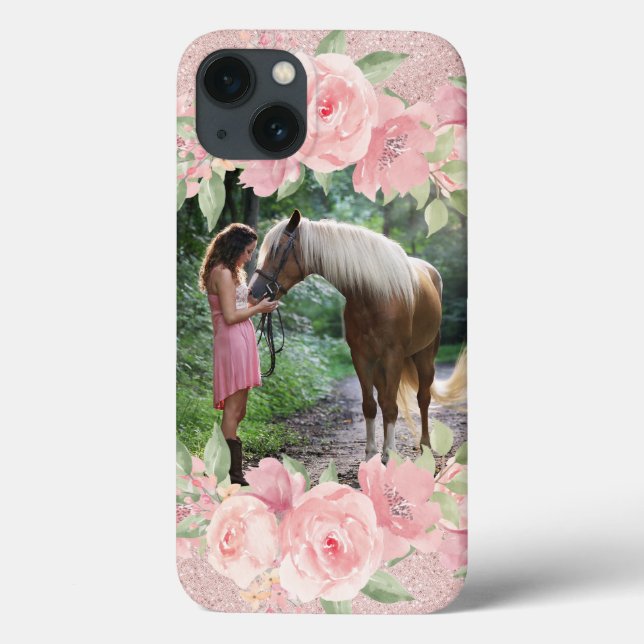 Rosa Blüte und Glitzer Pet Horse Foto Case-Mate iPhone Hülle (Rückseite)