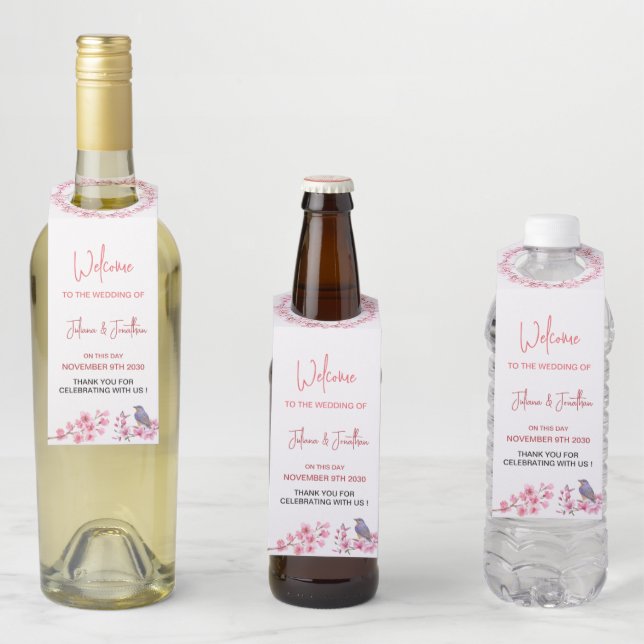 Rosa Blüten Blume Wasserfarbene feminine Hochzeit Flaschenanhänger (Beispiel)