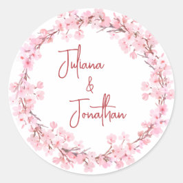 Rosa Blüten Blume Wasserfarbene feminine Hochzeit Runder Aufkleber
