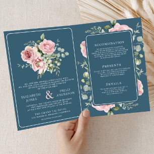 Rosa Blüten-Eukalyptus-Staubblau-Hochzeit Einladung