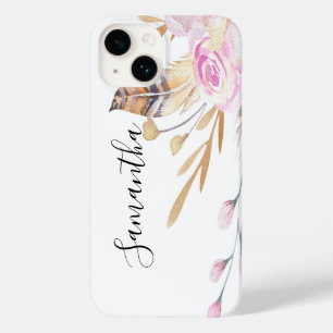 Rosa Blüten federn weiße Boho-Schrift Case-Mate iPhone 14 Hülle