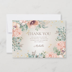 Rosa Blüten-Gold-Glitter-Geburtstags-Dankeschön Dankeskarte