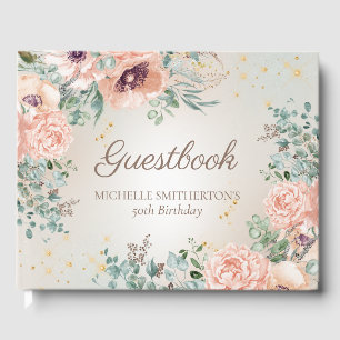 Rosa Blüten-Gold-Glitzer-Geburtstags-Gästebuch Gästebuch