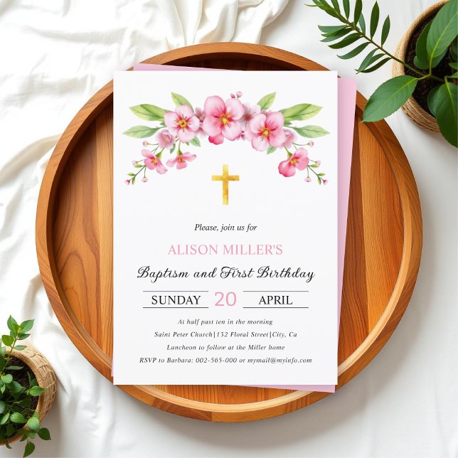 Rosa Blüten Gold Kreuztaufe und Erster Geburtstag Einladung (Von Creator hochgeladen)