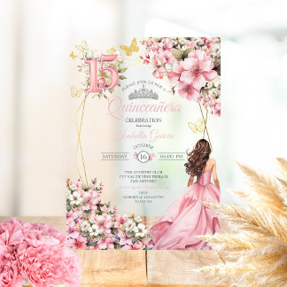 Rosa Blüten-Gold-Schmetterlinge Quinceañera Acryleinladungen