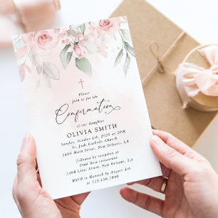 Rosa Blüten, Grün, Florale Konfirmation Einladung