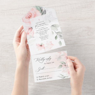 Rosa Blüten, Grünzeug, Erstkommunion All In One Einladung