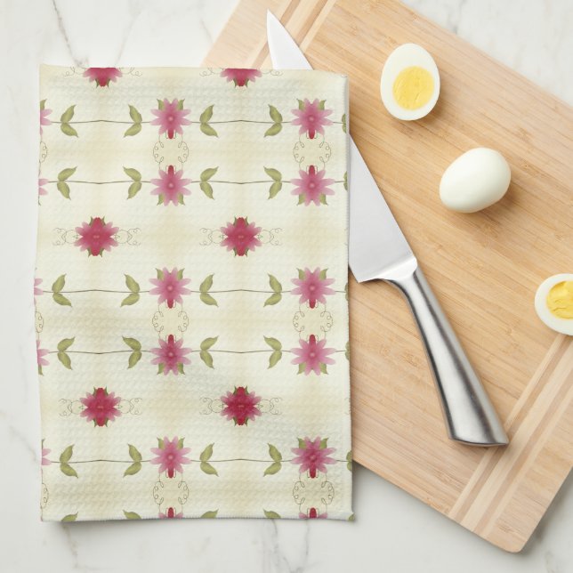 Rosa Blüten mit grünem Weiß und Taupe Geschirrtuch (Viertel Falte)