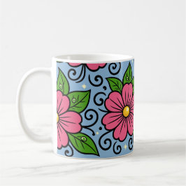 Rosa Blüten mit grünen Blättern und geschwungenen Kaffeetasse