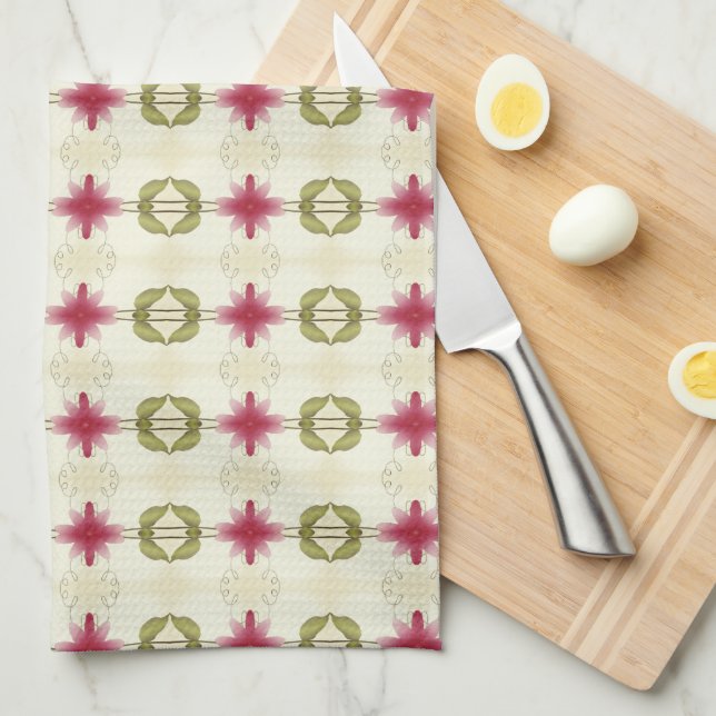 Rosa Blüten mit grünen Weiß und Beige Geschirrtuch (Viertel Falte)