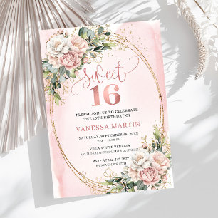 Rosa Blüten mit Grünzeug Sweet Sixteen  Einladung