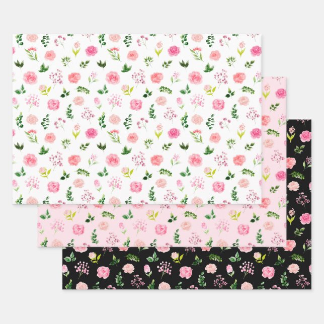 Rosa Blüten mit Laub Geschenkpapier Set (Set)