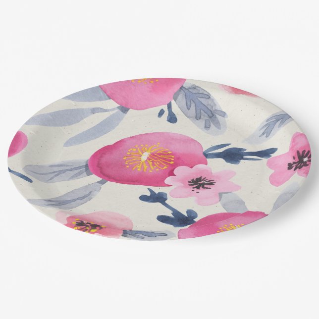 Rosa Blüten Pappteller (Schrägansicht)