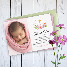 Rosa Blüten und Foto der Taufe mit Goldkreuz Dankeskarte