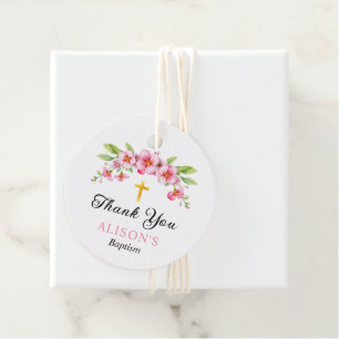 Rosa Blüten und Goldkreuz Mädchen Taufe Danke Geschenkanhänger