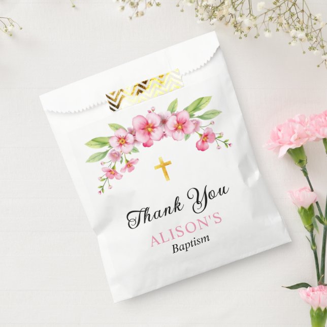 Rosa Blüten und Goldkreuz Mädchen Taufe Danke Geschenktütchen (Versiegelt)