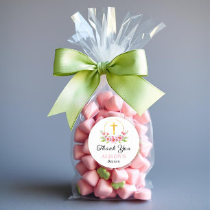 Rosa Blüten und Goldkreuz Mädchen Taufe Danke Runder Aufkleber