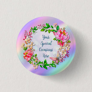Rosa Blüten- und Schmetterlingsfeder Button