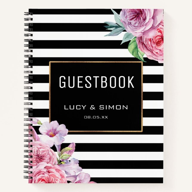Rosa Blüten und Streifen Notizbuch (Vorderseite)