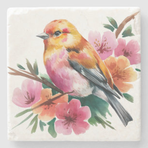 Rosa Blüten Vogel Steinuntersetzer