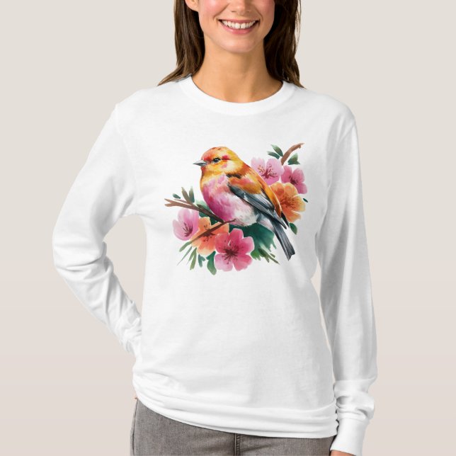 Rosa Blüten Vogel T-Shirt (Vorderseite)