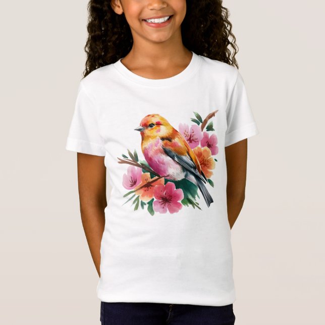Rosa Blüten Vogel T-Shirt (Vorderseite)