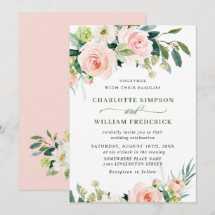 Rosa Blüten Wasserfarbe Grün Hochzeit Einladung