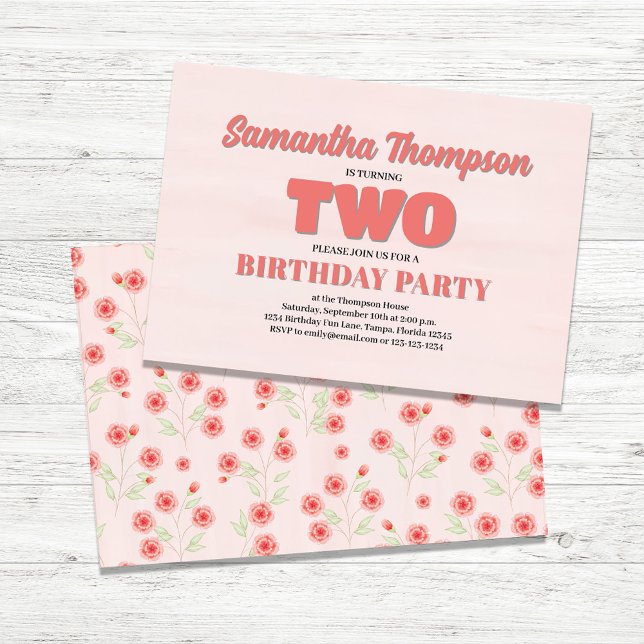 Rosa Blütenblatt Zweite Geburtstagsgeschwür Party  Einladung (Second Birthday Girls Custom Party Invitations.)