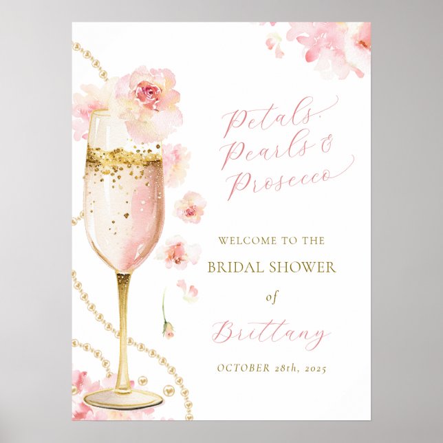 Rosa Blütenblätter Perlen Prosecco Brautparty Poster (Vorne)