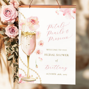 Rosa Blütenblätter Perlen Prosecco Brautparty Poster