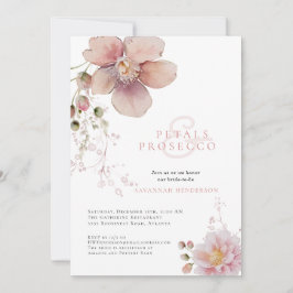 Rosa Blütenblätter und Prosecco-Brautparty Einladung