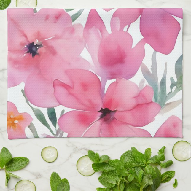 Rosa Blütenblätter | Wasserfarben Gemalte Blumen Geschirrtuch (Gefaltet)