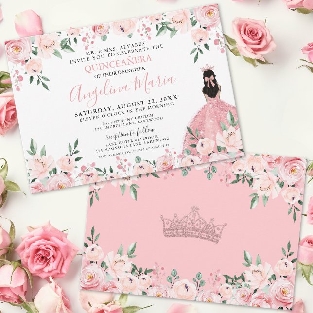 Rosa Blütenblätterung Einladung (Blush Pink Floral Quinceanera Invitation)