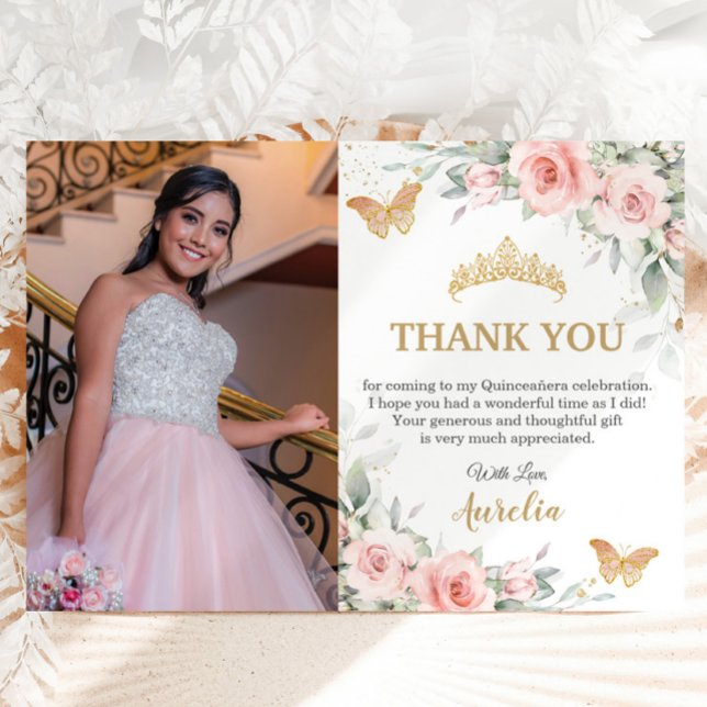 Rosa Blütenblättrige Goldkrone Quinceañera Foto Dankeskarte (Delicate Blush pink floral butterflies Quinceañera sweet 16 birthday photo thank you cards printed)