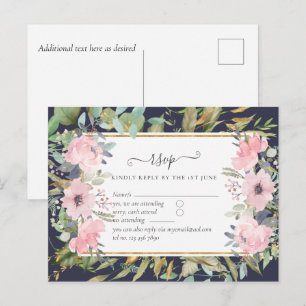 Rosa Blütenblättrige Grünpflanzen Hochzeit RSVP Postkarte