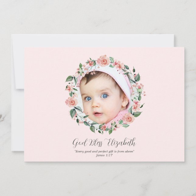 Rosa Blütenblume 2 Foto Bibel Verse Taufe für Mädc Einladung (Rückseite)