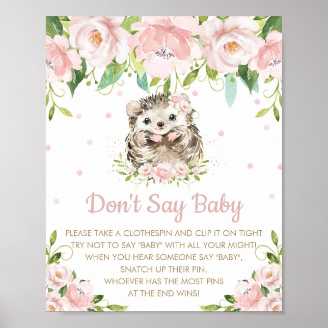 Rosa Blütenblume Igel Say Baby Shower Game Poster (Vorne)
