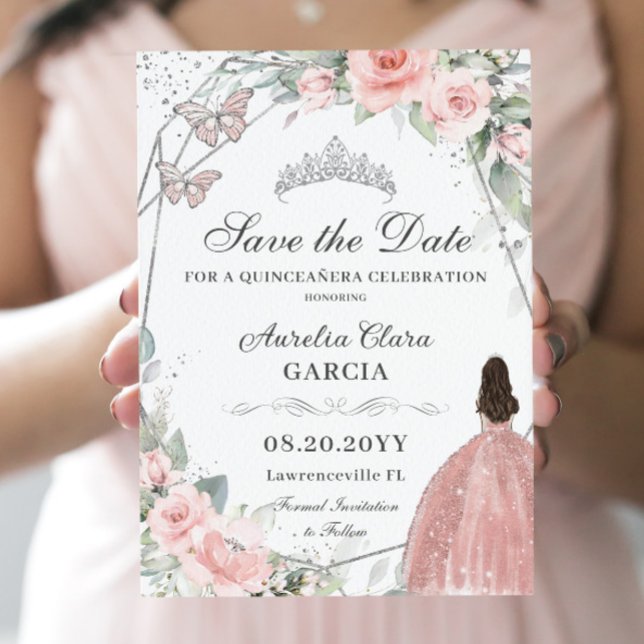 Rosa Blütenblume Silber Quinceanera 16 . Geburtsta Save The Date (Von Creator hochgeladen)