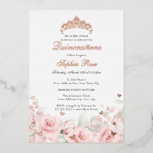 Rosa Blütenblüte Rose Goldene Schmetterlinge Quinc Folieneinladung