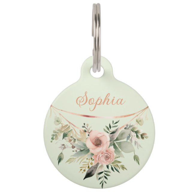 Rosa Blütenblütenanordnung auf der Seite grün Haustiermarke (Vorderseite)